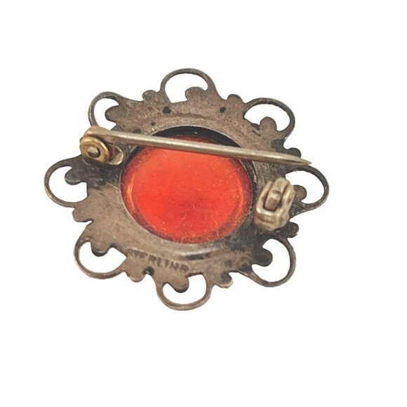 Dragons Breath Pin Brooch Antique Sterling Silver Scrollwork Round Cabochon Ston - Picture 7 of 7